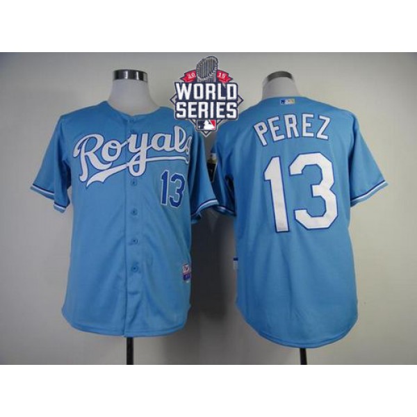 Royals #13 Salvador Perez Light Blue Cool Base W 2015 World Series Patch Stitched Jersey