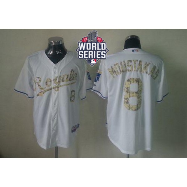 Royals #8 Mike Moustakas White USMC Cool Base W 2015 World Series Patch Stitched Jersey