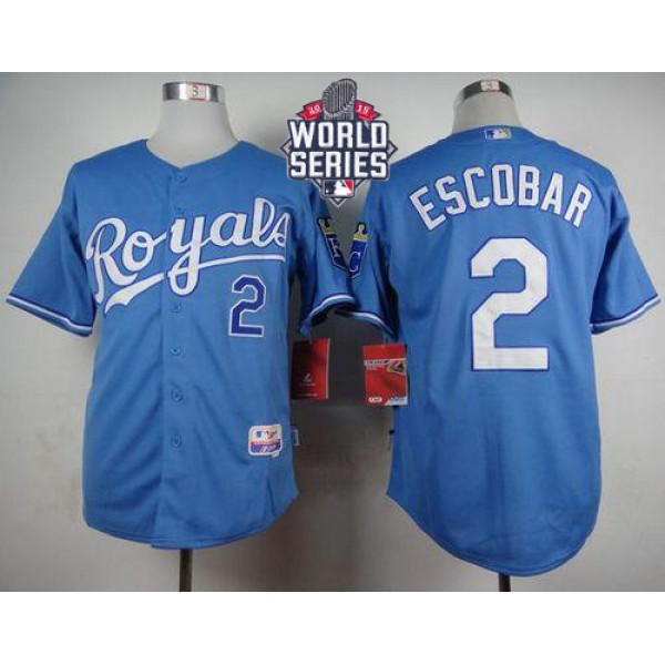 Royals #2 Alcides Escobar Light Blue Alternate 1 Cool Base W 2015 World Series Patch Stitched Jersey