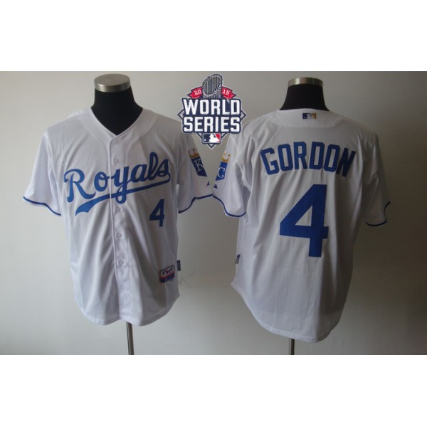 Royals #4 Alex Gordon White Cool Base W 2015 World Series Patch Stitched Jersey