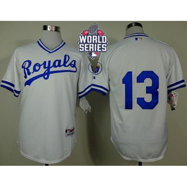 Royals #13 Salvador Perez White 1974 Turn Back The Clock W 2015 World Series Patch Stitched Jersey