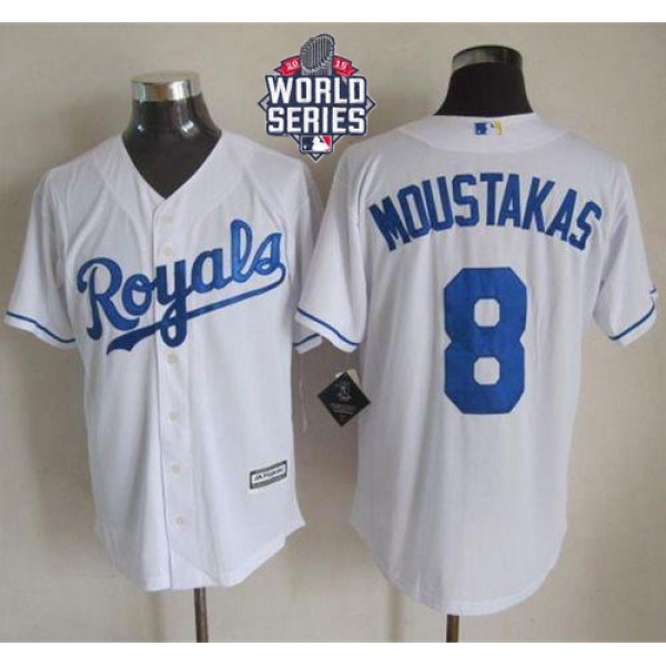 Royals #8 Mike Moustakas White New Cool Base W 2015 World Series Patch Stitched Jersey