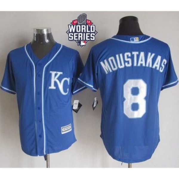 Royals #8 Mike Moustakas Blue Alternate 2 New Cool Base W 2015 World Series Patch Stitched Jersey