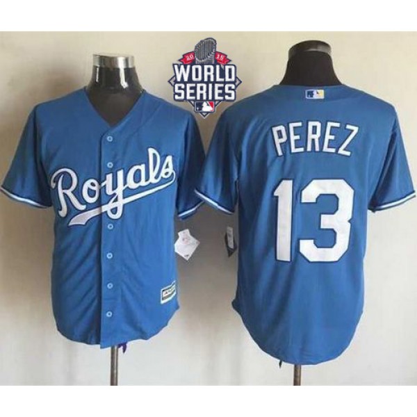 Royals #13 Salvador Perez Light Blue Alternate 1 New Cool Base W 2015 World Series Patch Stitched Jersey
