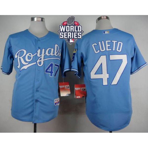 Royals #47 Johnny Cueto Light Blue Alternate 1 Cool Base W 2015 World Series Patch Stitched Jersey