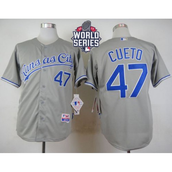 Royals #47 Johnny Cueto Grey Cool Base W 2015 World Series Patch Stitched Jersey