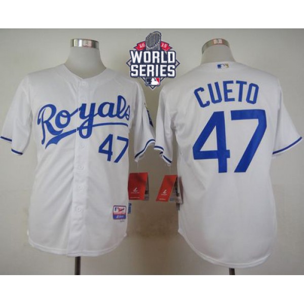 Royals #47 Johnny Cueto White Cool Base W 2015 World Series Patch Stitched Jersey