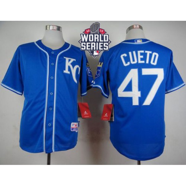 Royals #47 Johnny Cueto Light Blue Alternate 2 Cool Base W 2015 World Series Patch Stitched Jersey
