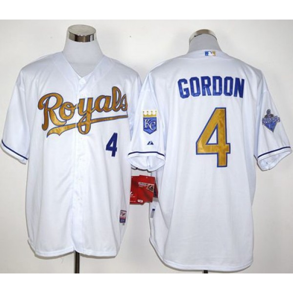 Royals #4 Alex Gordon White 2015 World Series Champions Gold Program Stitched Jersey