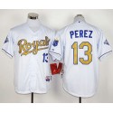 Royals #13 Salvador Perez White 2015 World Series Champions Gold Program Stitched Jersey