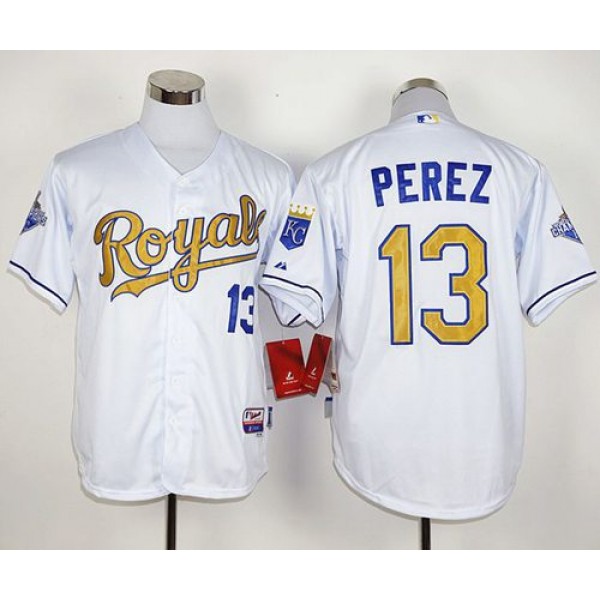 Royals #13 Salvador Perez White 2015 World Series Champions Gold Program Stitched Jersey