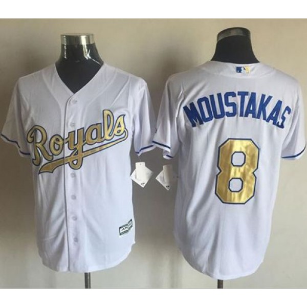 Royals #8 Mike Moustakas White New Cool Base 2015 World Series Champions Gold Program Stitched Jersey