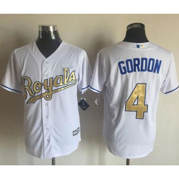 Royals #4 Alex Gordon White New Cool Base 2015 World Series Champions Gold Program Stitched Jersey