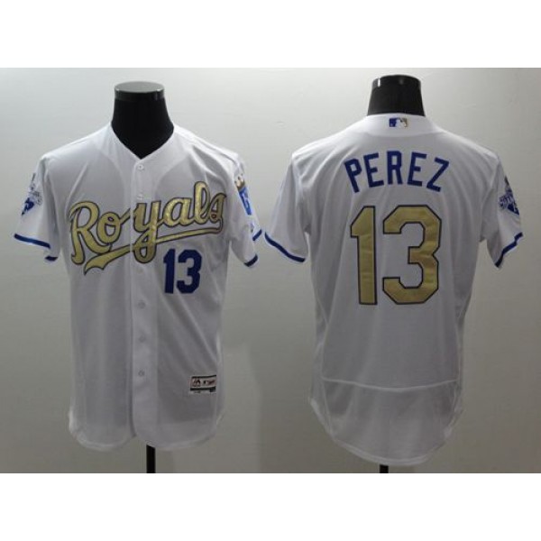 Royals #13 Salvador Perez White 2015 World Series Champions Gold Program FlexBase Authentic Stitched Jersey