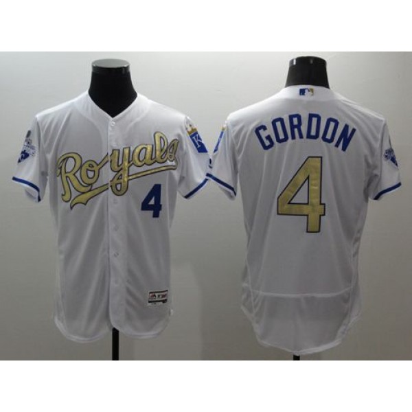 Royals #4 Alex Gordon White 2015 World Series Champions Gold Program FlexBase Authentic Stitched Jersey