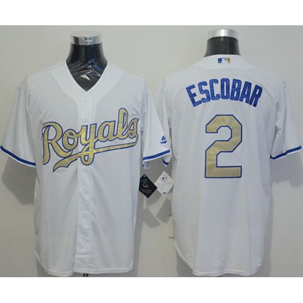 Royals #2 Alcides Escobar White New Cool Base 2015 World Series Champions Gold Program Stitched Jersey