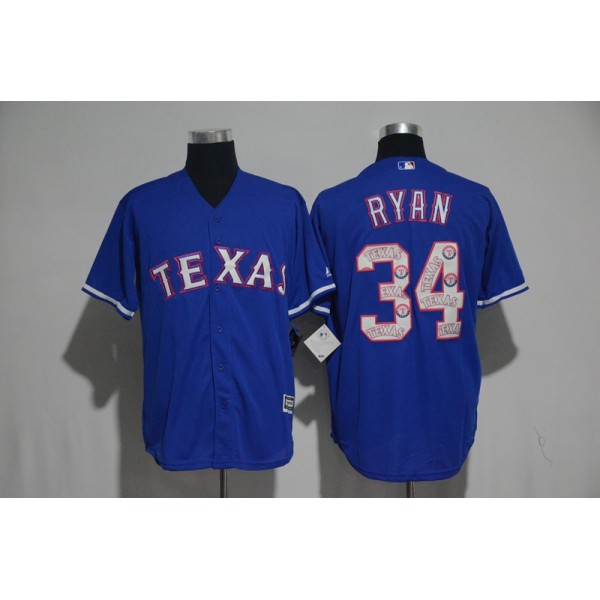 Texas Rangers #34 Nolan Ryan Blue Team Logo Print Cool Base Stitched Jersey