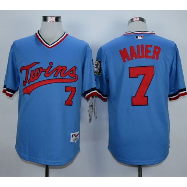 Twins #7 Joe Mauer Light Blue 1984 Turn Back The Clock Stitched Jersey