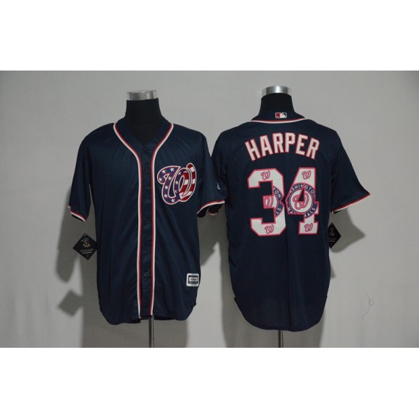 Washington Nationals #34 Bryce Harper Navy Team Logo Print Cool Base Stitched Jersey