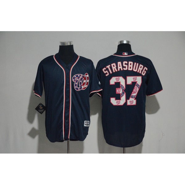 Washington Nationals #37 Stephen Strasburg Navy Team Logo Print Cool Base Stitched Jersey