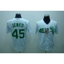 White Sox #45 Bobby Jenks Stitched White Green Strip Jersey