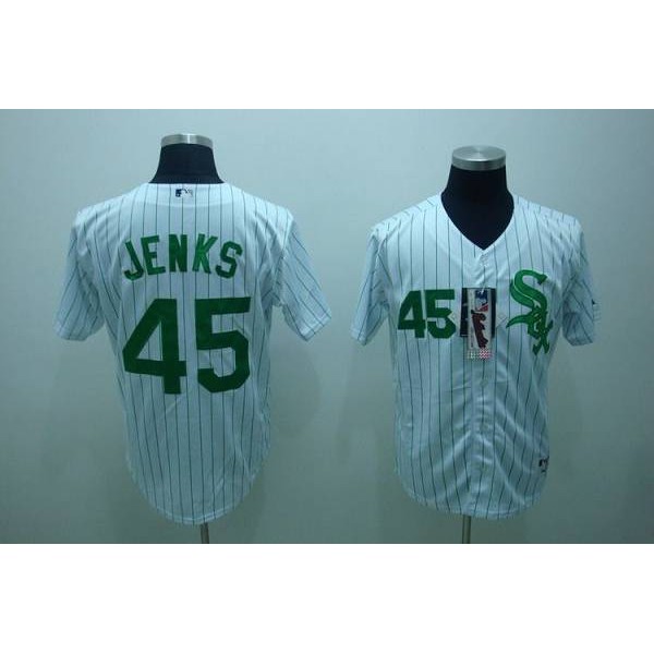 White Sox #45 Bobby Jenks Stitched White Green Strip Jersey
