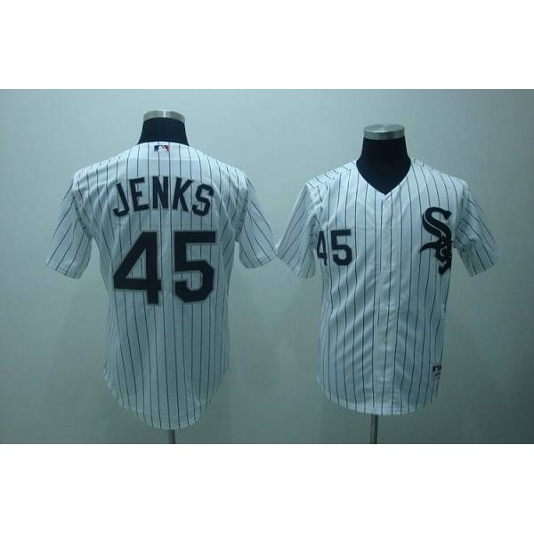 White Sox #45 Bobby Jenks Stitched White Black Strip Jersey