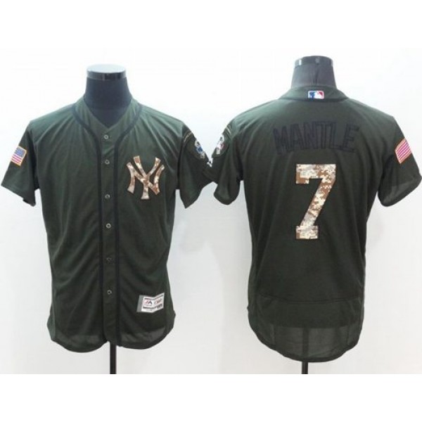 Yankees #7 Mickey Mantle Green Flexbase Authentic Collection Salute To Service Stitched Jersey