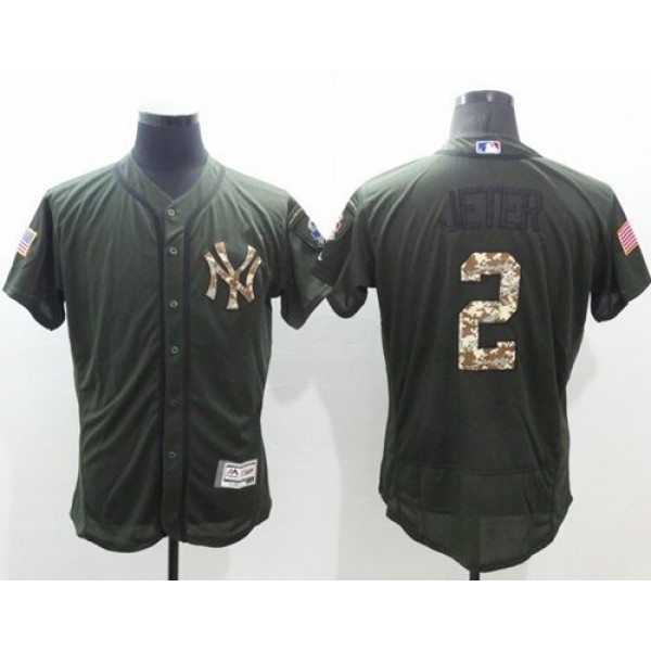 Yankees #2 Derek Jeter Green Flexbase Authentic Collection Salute To Service Stitched Jersey