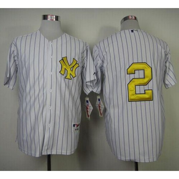 Yankees #2 Derek Jeter White Fashion Gold W Commemorative Retirement Patch Stitched Jersey