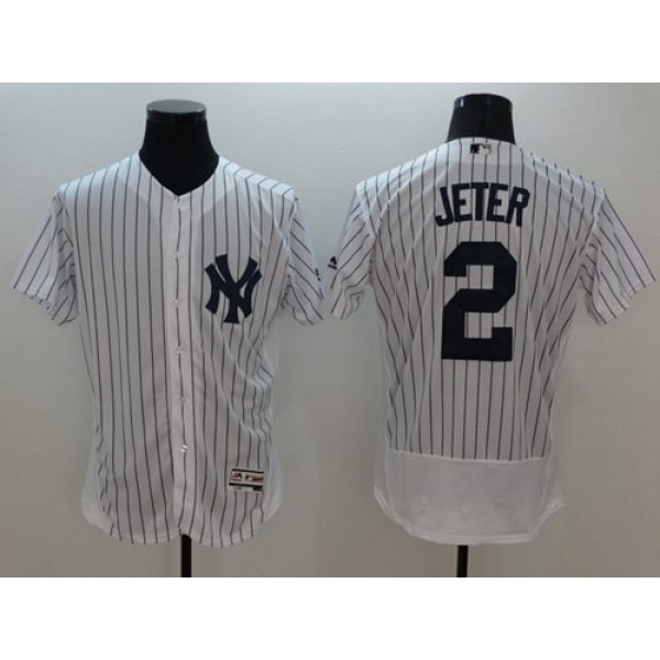 Yankees #2 Derek Jeter White Strip Flexbase Authentic Collection Name On Back Stitched Jersey