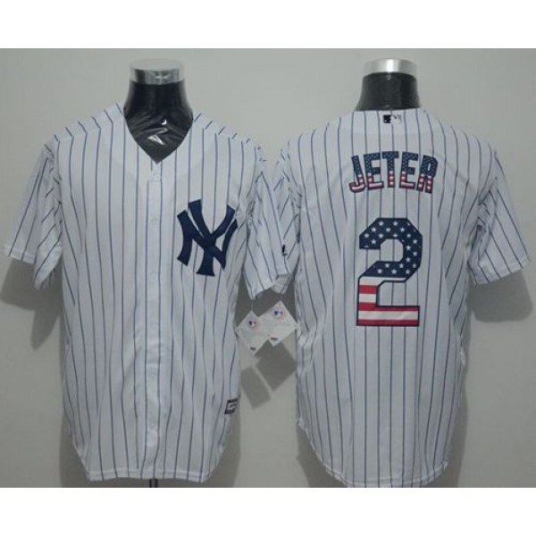 Yankees #2 Derek Jeter White Strip USA Flag Fashion Stitched Jersey