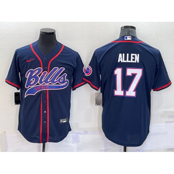 Buffalo Bills #17 Josh Allen Navy With Patch Cool Base Stitched Baseball Jersey