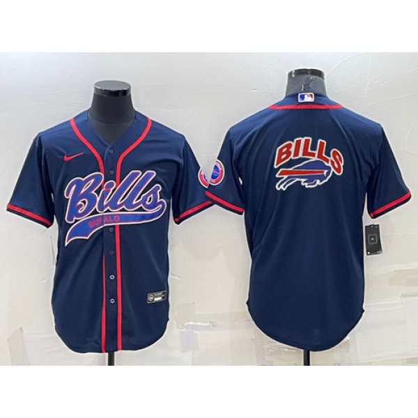 Buffalo Bills Navy Team Big Logo With Patch Cool Base Stitched Baseball Jersey