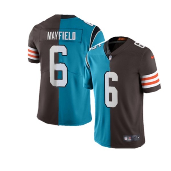 Carolina Panthers Cleveland Browns #6 Baker Mayfield Splite Blue Brown Vapor Untouchable Limited Stitched Jersey