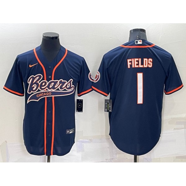 Chicago Bears #1 Justin Fields Navy Cool Base Stitched Baseball Jersey