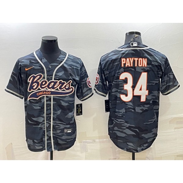 Chicago Bears Blank #34 Walter Payton Gray Camo With Patch Cool Base Stitched Baseball Jersey 001