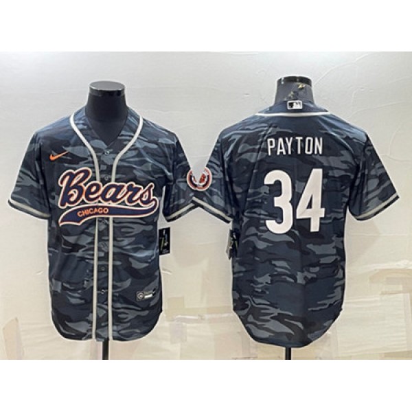 Chicago Bears Blank #34 Walter Payton Gray Camo With Patch Cool Base Stitched Baseball Jersey