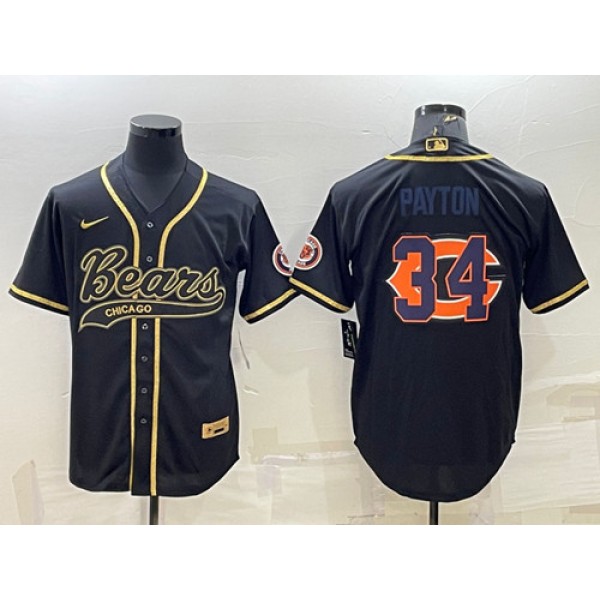 Chicago Bears #34 Walter Payton Black Gold Team Big Logo With Patch Cool Base Stitched Baseball Jersey