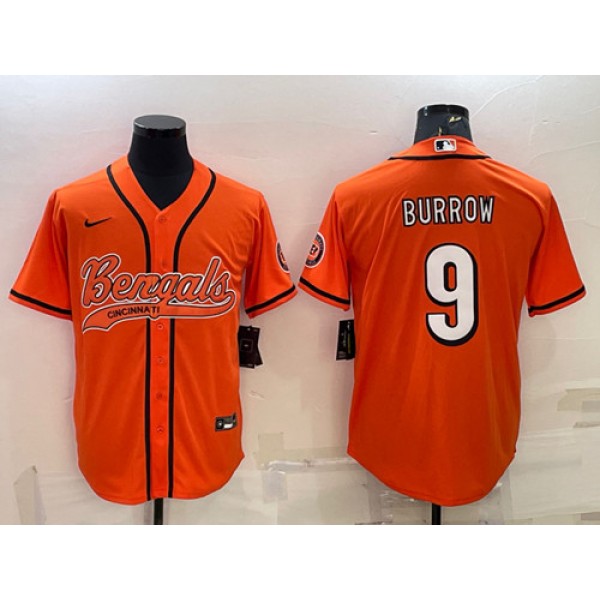 Cincinnati Bengals #9 Joe Burrow Orange With Patch Cool Base Stitched Baseball Jersey