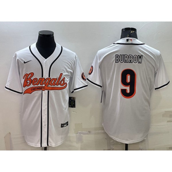 Cincinnati Bengals #9 Joe Burrow White With Patch Cool Base Stitched Baseball Jersey