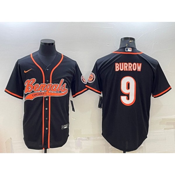 Cincinnati Bengals #9 Joe Burrow Black With Patch Cool Base Stitched Baseball Jersey
