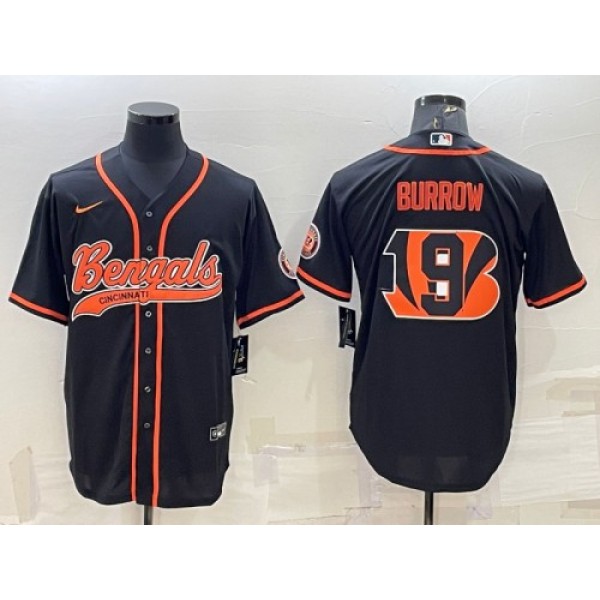 Cincinnati Bengals #9 Joe Burrow Black Team Big Logo With Patch Cool Base Stitched Baseball Jersey