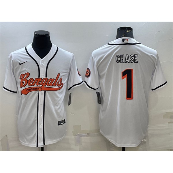 Cincinnati Bengals #1 Ja'Marr Chase White With Patch Cool Base Stitched Baseball Jersey
