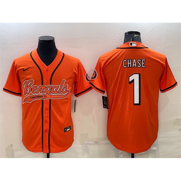 Cincinnati Bengals #1 Ja'Marr Chase Orange With Patch Cool Base Stitched Baseball Jersey