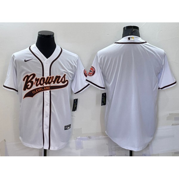 Cleveland Browns Blank White With Patch Cool Base Stitched Baseball Jersey