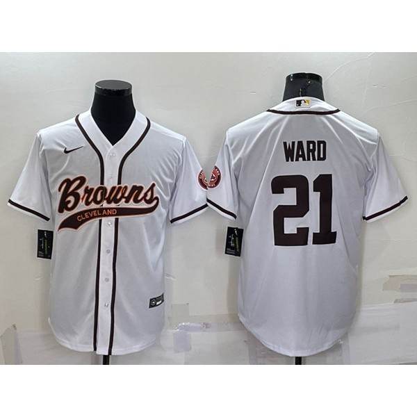Cleveland Browns #21 Denzel Ward White With Patch Cool Base Stitched Baseball Jersey