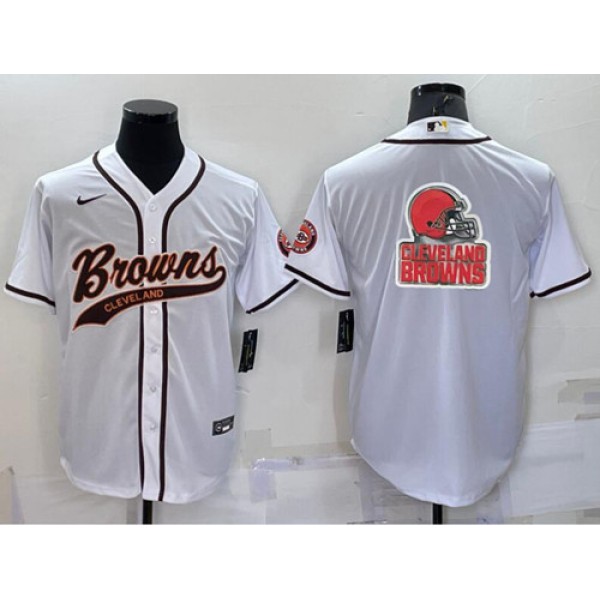 Cleveland Browns White Team Big Logo With Patch Cool Base Stitched Baseball Jersey