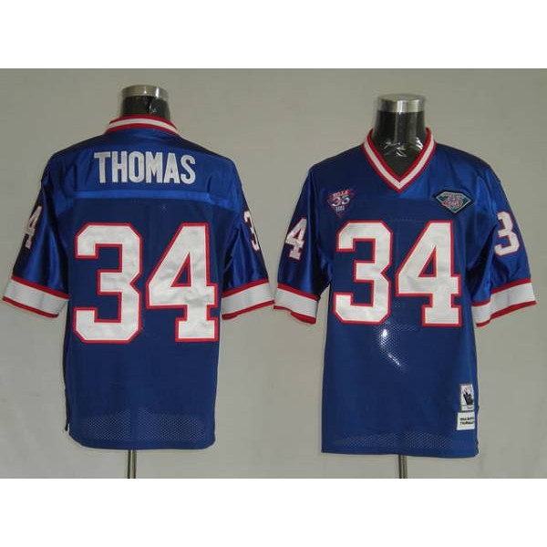 Mitchell Ness Bills #34 Custom Thurman Thomas Blue 35th Anniversary Patch Stitched Throwback Jersey