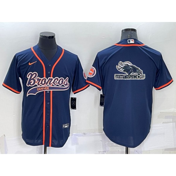 Denver Broncos Navy Team Big Logo With Patch Cool Base Stitched Baseball Jersey